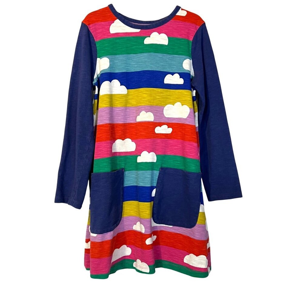 Mini Boden Girls Longโ Sleeve Striped Cloud Pocket Dress 9/10 Colorful Rainbow